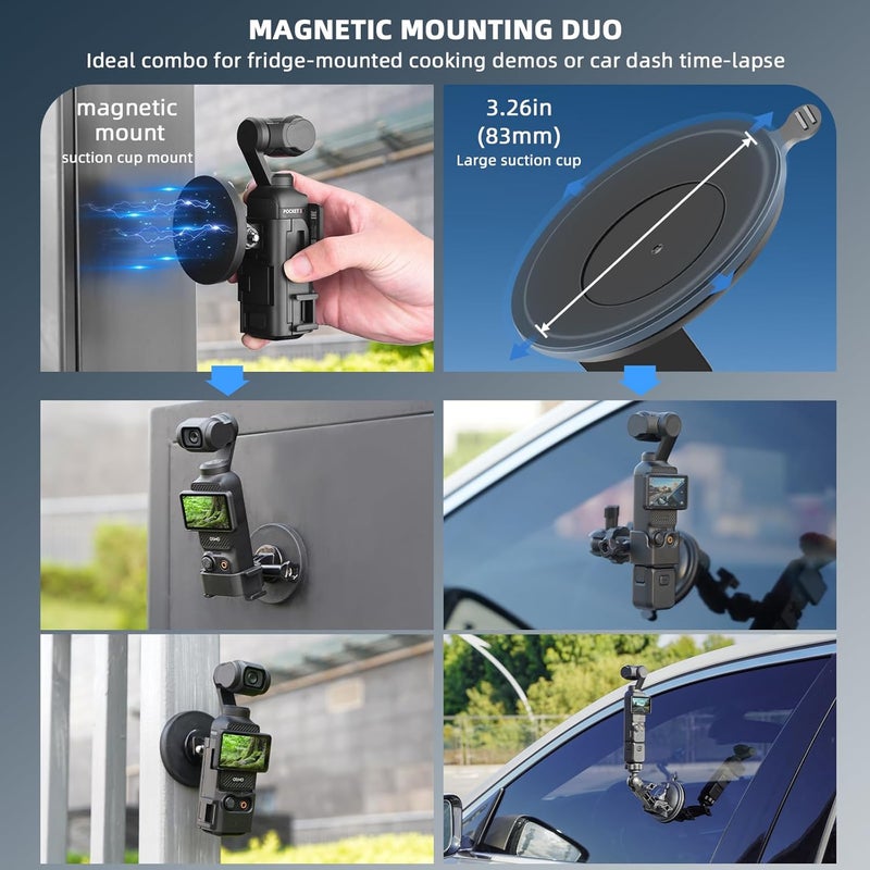 BRDRC 22 in 1 Pocket 3 Accessories Kit, Including Hard Case, Suction Car Mount, Tripod, Magnetic, Desktop Base, Selfie Stick, Chest Head Strap, Pocket 3 Phone Holder, Screen Protector, Backpack Clip - Image 4